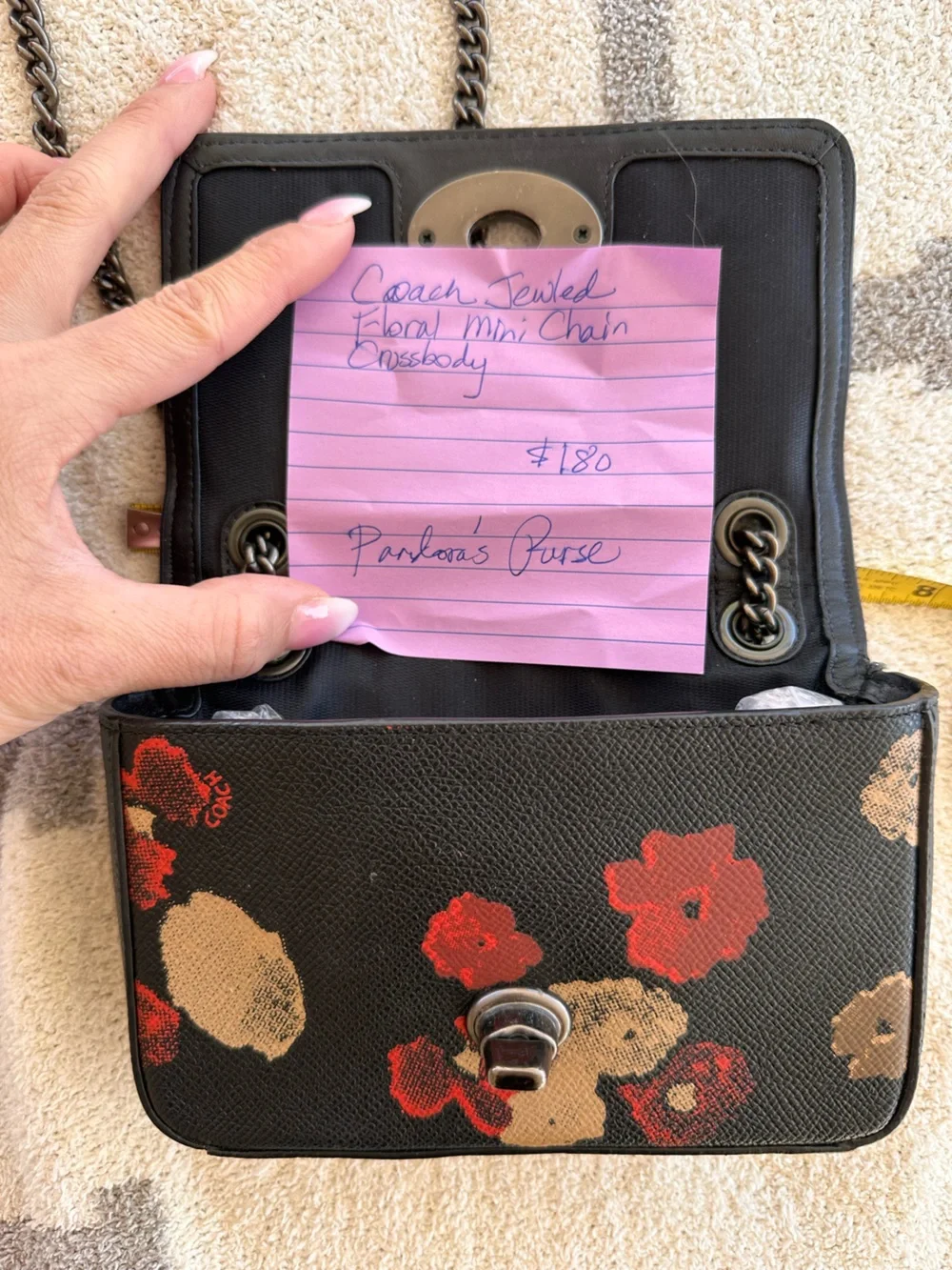 Coach Black Floral Mini Crossbody with Red Jewel Accents